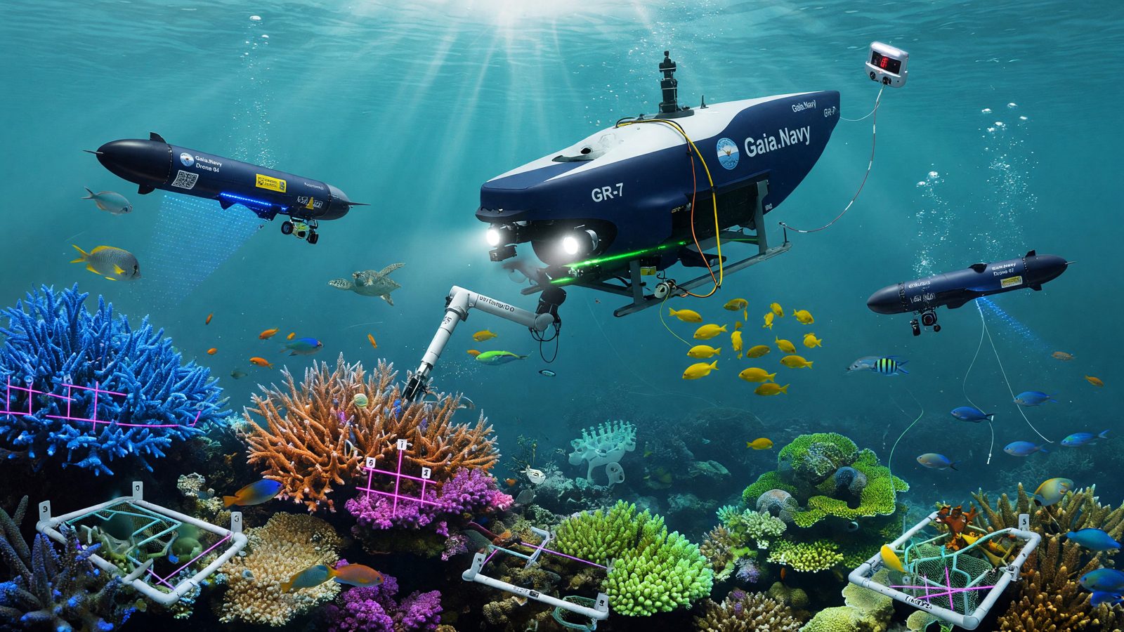Autonomous underwater drones surveying a reef